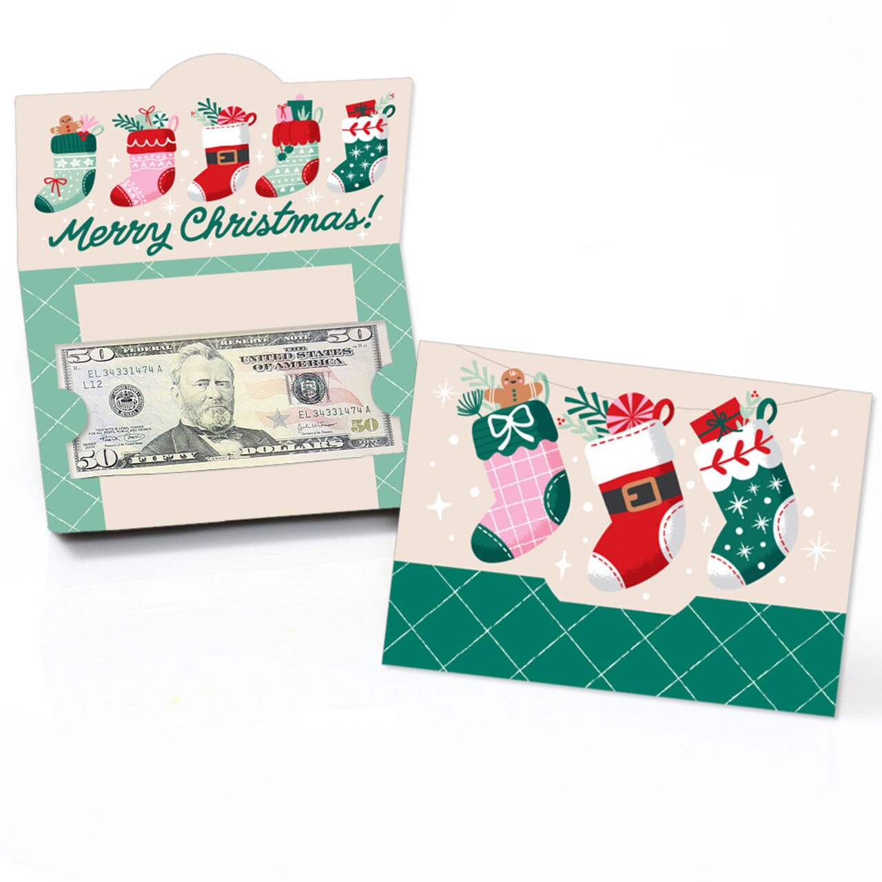 Big Dot of Happiness Christmas Stockings Money Cards for Cash with Envelopes, Winter Holiday Party Gift Card Holders Money Holders for Cash - Set of 8